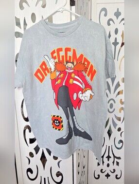 Sonic the Hedgehog Dr Eggman Shirt XL Gray Acid Mineral Wash Sega Graphic Tee NW